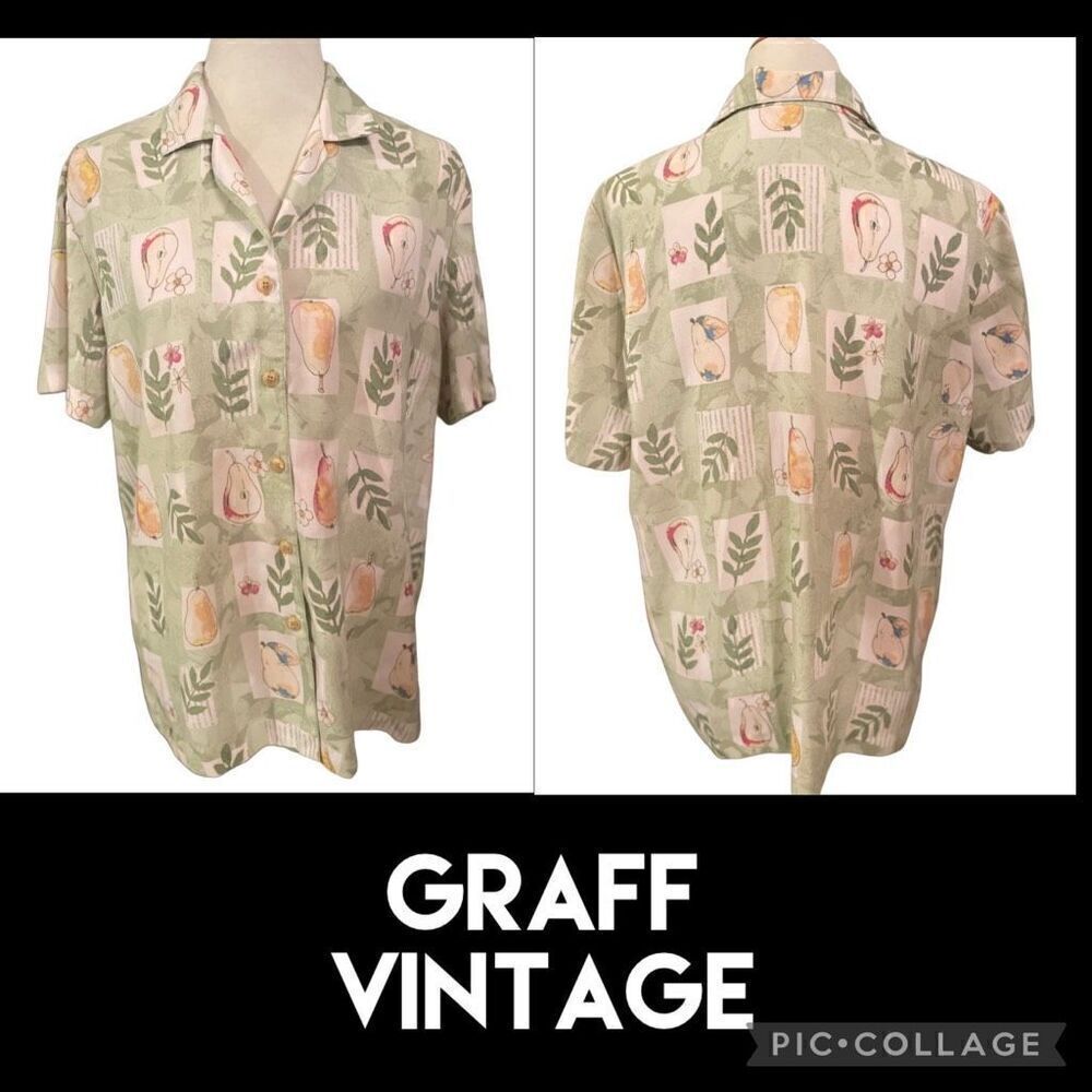 GRAFF Pale Green Summer Farm Style Fruit Vintage 70’s/80’s Era Button Front Casu